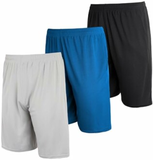 Three pairs of men's athletic shorts in gray, blue, and black.
