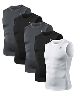 Set of five sleeveless athletic shirts in various shades.