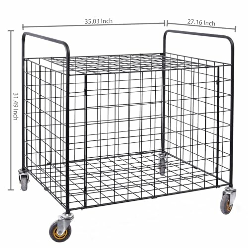 Metal wire storage cart with dimensions and wheels.