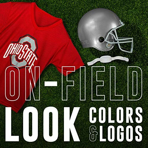 Ohio State football jersey, helmet, and mouthguard on field