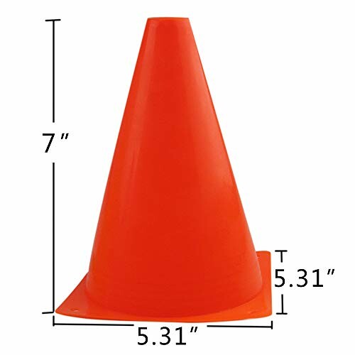 Orange traffic cone with dimensions labeled