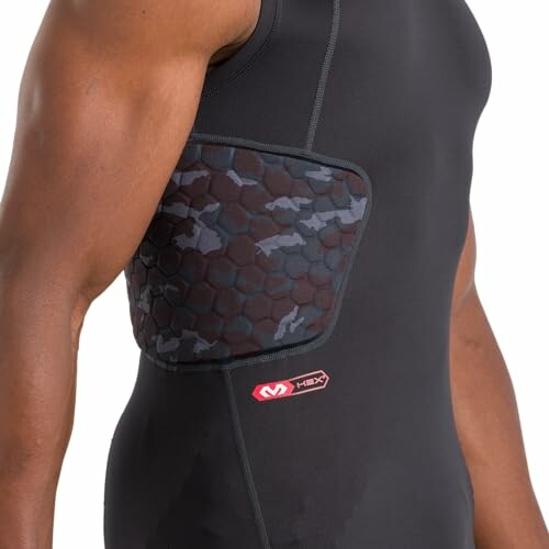 Person wearing black padded compression shirt with camouflage pattern.
