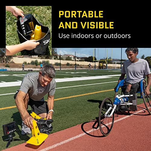 Man setting up portable football kicking tee with athlete in wheelchair on track.