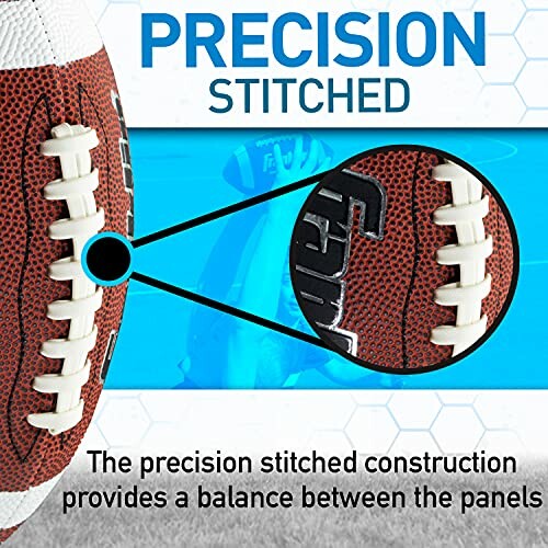 Close-up of a precision stitched football with text highlighting the construction.