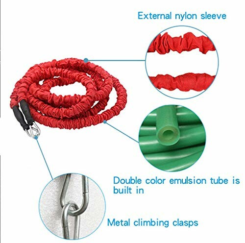 Red bungee cord with external nylon sleeve and metal climbing clasps.