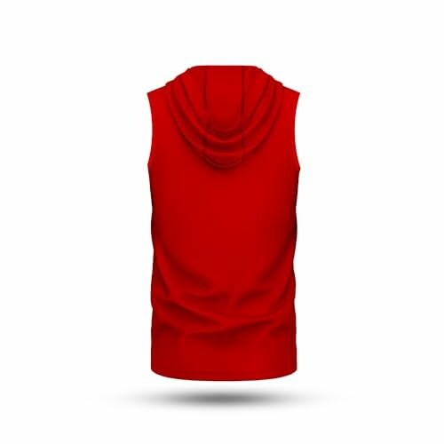 Back view of a red sleeveless hoodie on white background