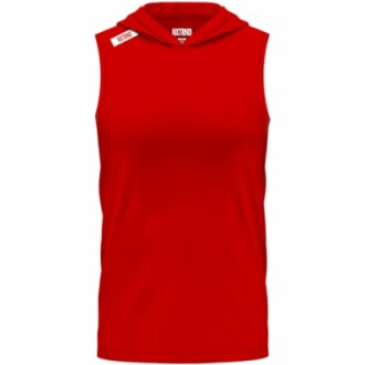 Red sleeveless hoodie with logo on chest