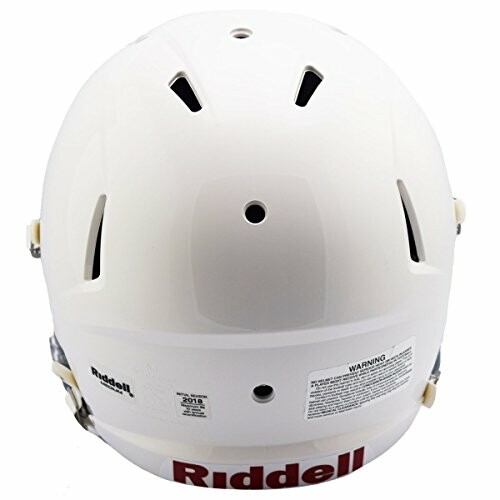 Back view of a white Riddell football helmet.
