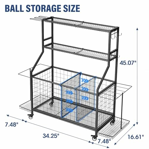 Diagram of a rolling sports ball storage rack with dimensions and shelves.
