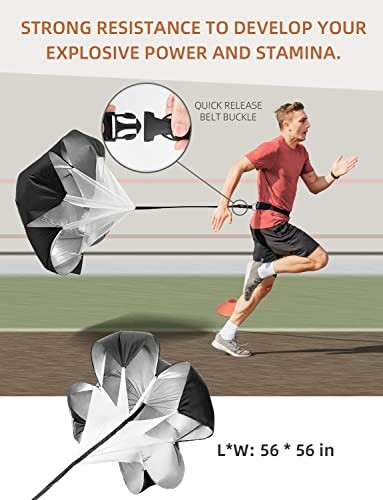 Man using a running parachute for resistance training on track.