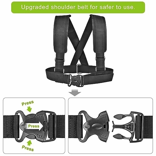 Upgraded shoulder belt with safety buckle.