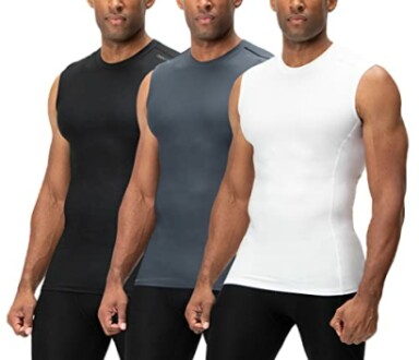 Three men wearing sleeveless compression shirts in black, gray, and white.
