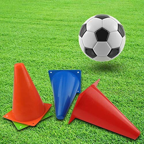 Soccer ball on grass with colorful training cones.