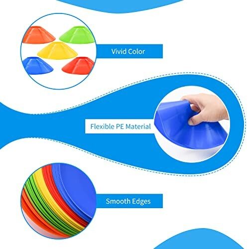 Colorful flexible PE training cones with smooth edges.