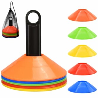 Set of colored soccer training cones with holder and mesh bag.