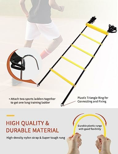 Agility ladder with yellow rungs and plastic triangle rings for sports training.