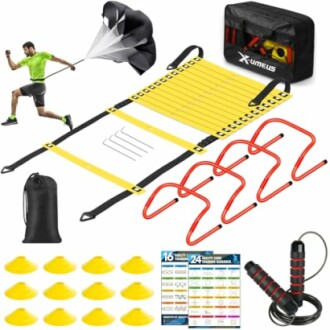 Speed training kit with agility ladder, hurdles, cones, parachute, jump rope, and carrying bag.