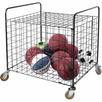 Metal storage cart with various sports balls.