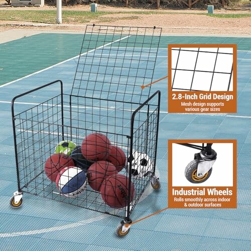 Wire mesh cart with balls on a sports court