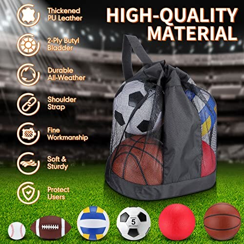 Mesh bag with various sports balls on a field.