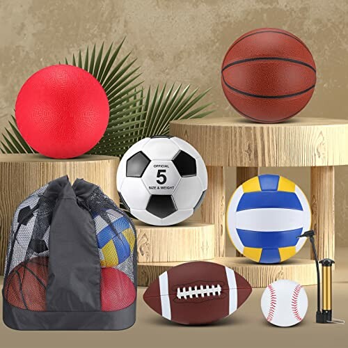 Collection of various sports balls including basketball, soccer ball, volleyball, and more with a pump and bag.
