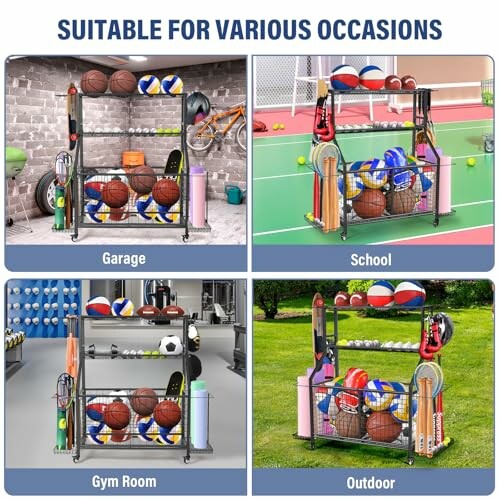 Sports equipment storage solutions for garage, school, gym room, and outdoor.