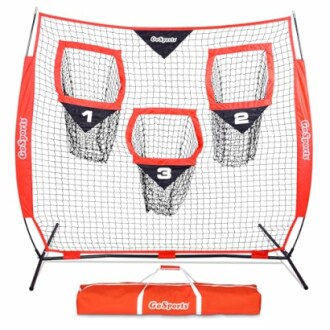 Sports net with numbered target pockets and carrying bag