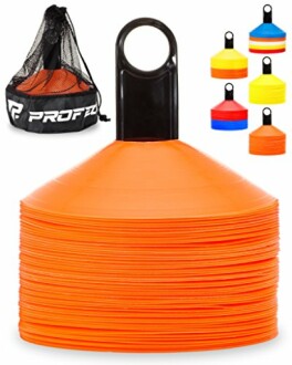 Set of orange sports training cones with carrying handle and mesh bag.