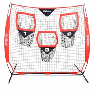 Sports target net with three numbered pockets for practice.