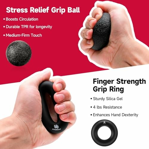 Stress relief grip ball and finger strength grip ring for hand exercise.