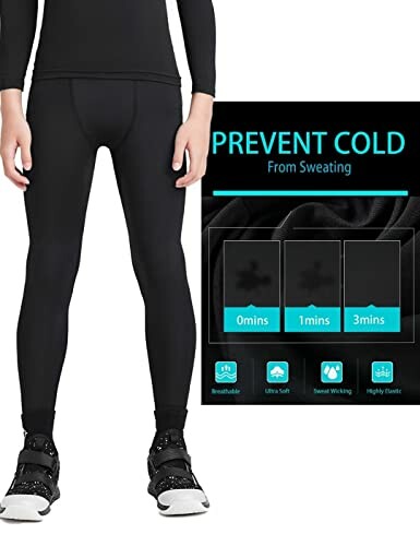 Person wearing black thermal compression leggings with a graphic showing sweat prevention over time.