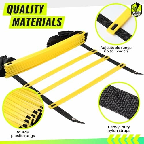 Yellow training ladder with adjustable rungs and nylon straps.