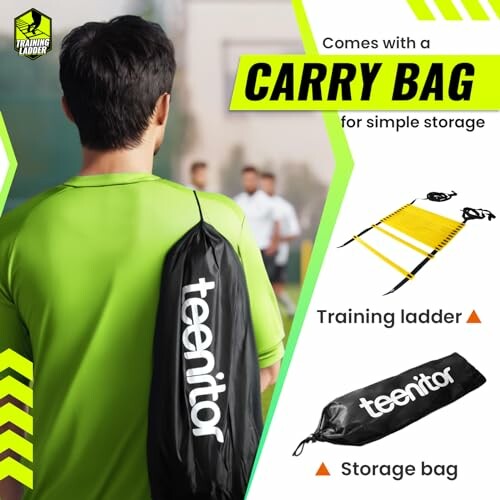 Person with carry bag containing training ladder and storage bag.