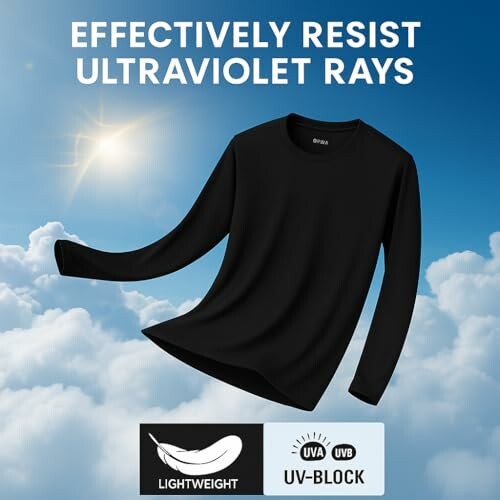 Black UV-blocking shirt against sky background with sun.