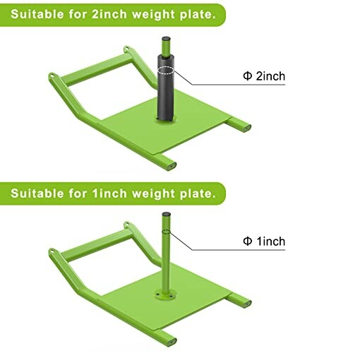 Green weight sled with adjustable plate holders for 1 inch and 2 inch weights.