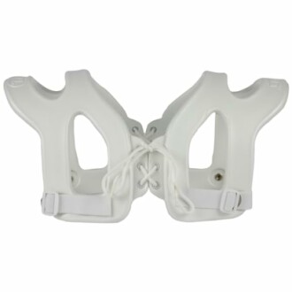 White hockey goalie neck guard with laces and straps.