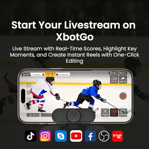 XbotGo livestream setup with real-time scores and editing features.