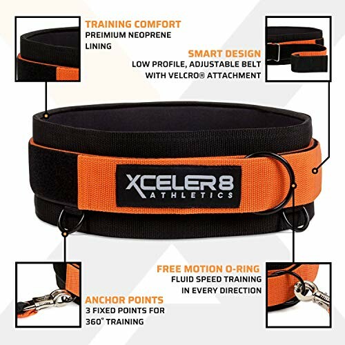 Xceler8 Athletics training belt with features highlighted including premium neoprene lining, adjustable belt with Velcro, free motion O-ring, and anchor points for 360° training.