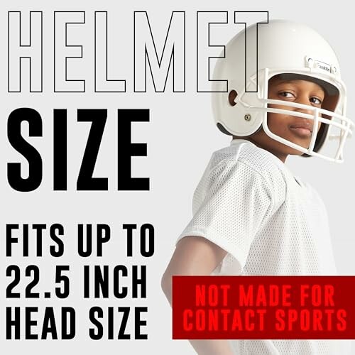 Youth wearing a football helmet with size info and non-contact sports warning.