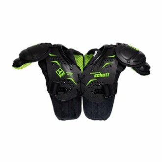 Youth football shoulder pads with black and green design.